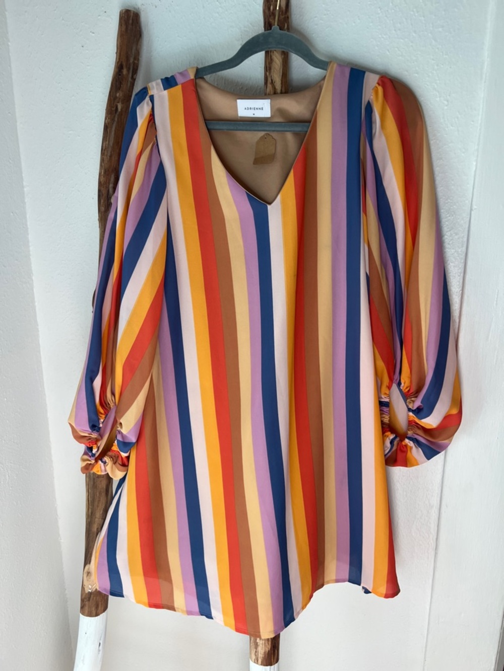Adrienne Multicolor Vertical Stripe V-Neck Tent Dress Orange, Blue Medium